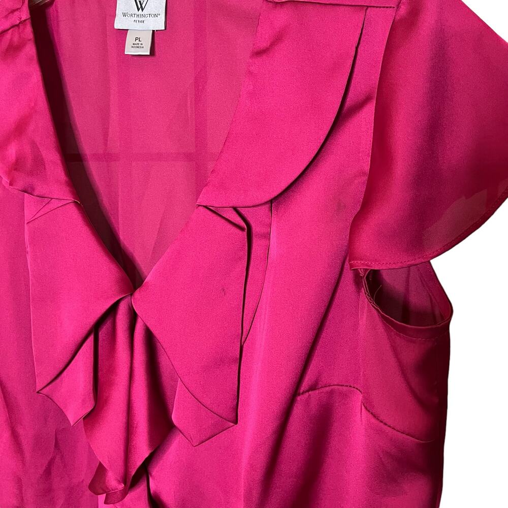 Worthington Pink Button Front Blouse Cap Sleeve Bow Petite Large - Picture 6 of 10